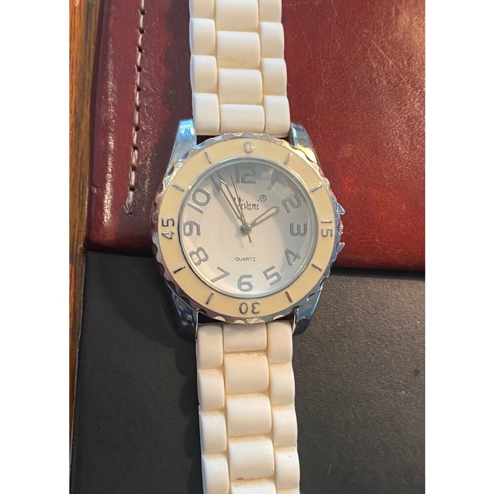 Women's Silver Tone Vivani Watch, Ivory Tone Bezel, White Poly Band